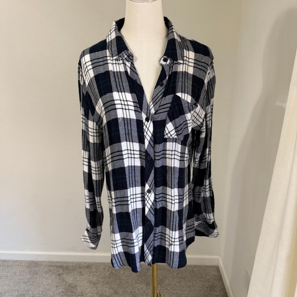 Rails $188 Plaid Hunter‎ Flannel Shirt Women Medium White Navy Green Cozy Warm
